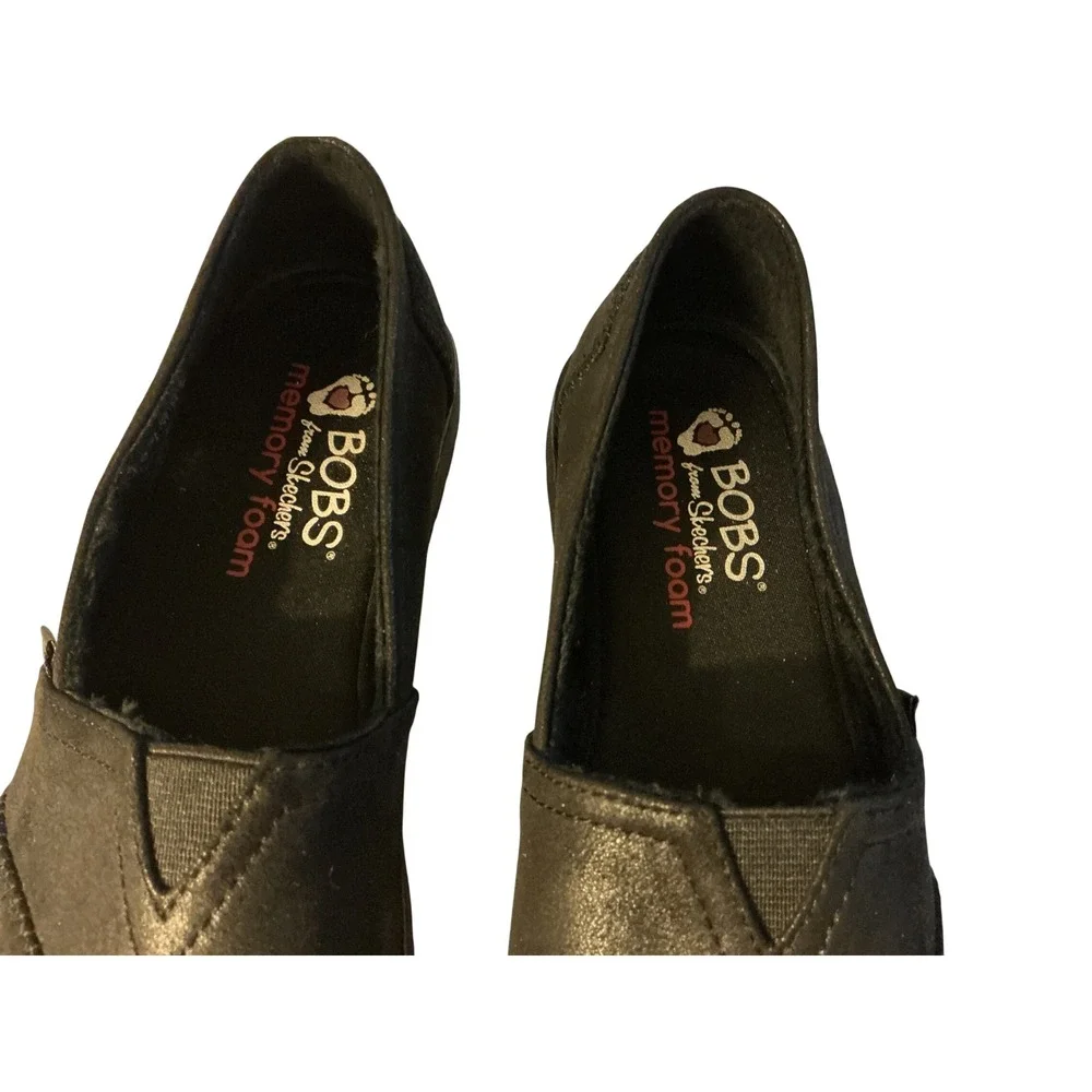 BOBS from Skechers 113352 Black Metallic Faux Fur Memory Foam Slip On Shoes 7